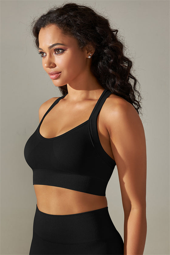 LC264618-P2-S, LC264618-P2-M, LC264618-P2-L, LC264618-P2-XL, Black Active Cropped Sleeveless Straps Yoga Bra