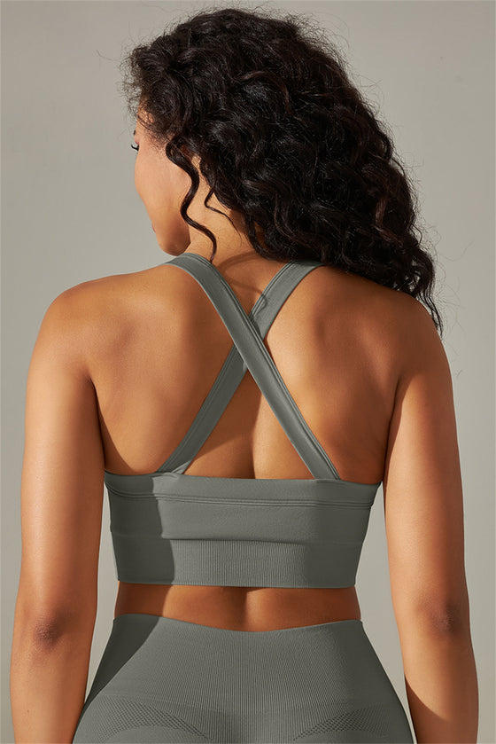 LC264618-P3011-S, LC264618-P3011-M, LC264618-P3011-L, LC264618-P3011-XL, Medium Grey Active Cropped Sleeveless Straps Yoga Bra