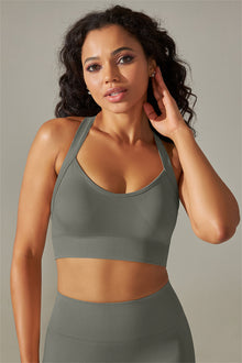  LC264618-P3011-S, LC264618-P3011-M, LC264618-P3011-L, LC264618-P3011-XL, Medium Grey Active Cropped Sleeveless Straps Yoga Bra