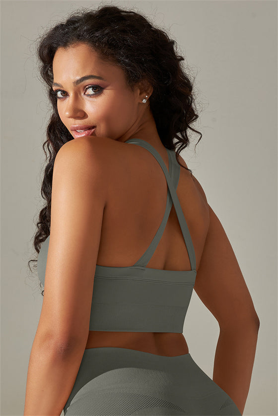 LC264618-P3011-S, LC264618-P3011-M, LC264618-P3011-L, LC264618-P3011-XL, Medium Grey Active Cropped Sleeveless Straps Yoga Bra