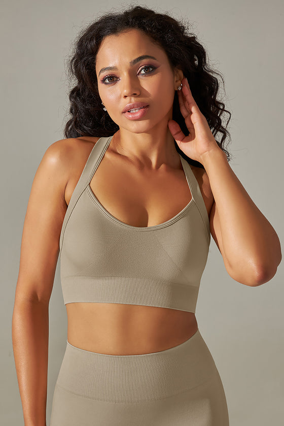 LC264619-P5016-S, LC264619-P5016-M, LC264619-P5016-L, LC264619-P5016-XL, Pale Khaki Outdoor Sleeveless Straps Yoga Bra