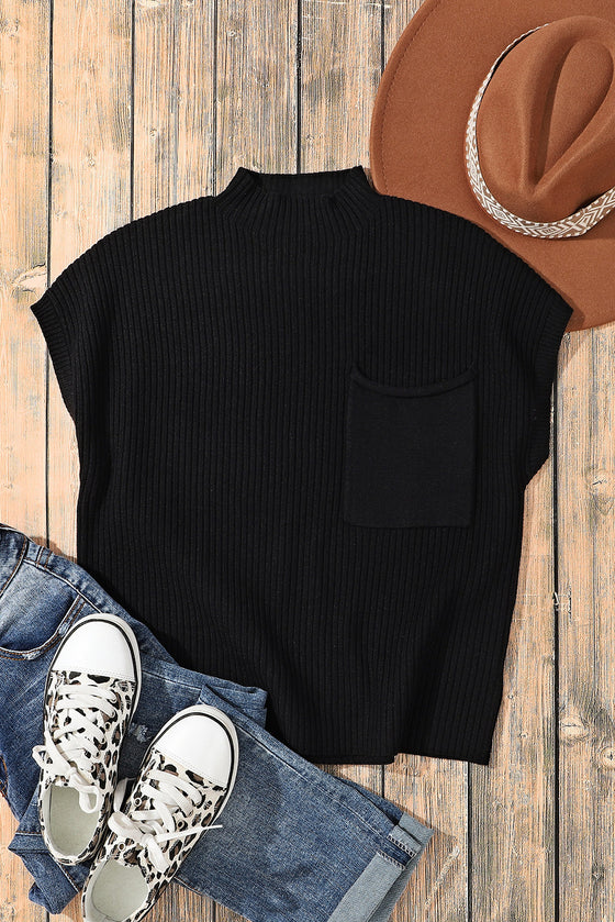 PACK2724250-P2-2, Black Patch Pocket Ribbed Knit Short Sleeve Sweater