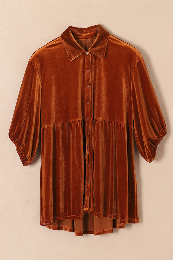 PACK2554263-P2017-1, Chestnut 3/4 Sleeve Tunic Babydoll Velvet Shirt