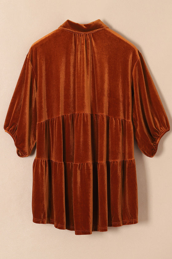 PACK2554263-P2017-1, Chestnut 3/4 Sleeve Tunic Babydoll Velvet Shirt