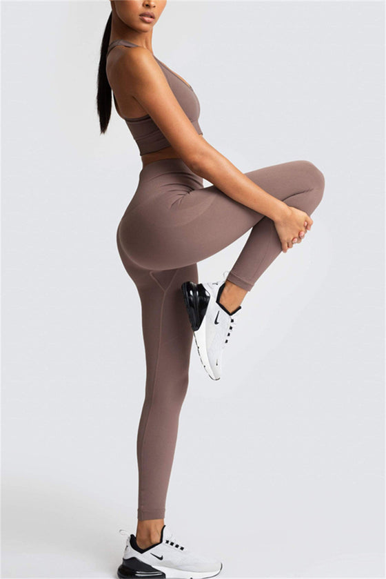 Dark Brown Outdoor Sleeveless U Neck Yoga Set