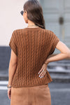 PACK2724323-P2017-2, Chestnut Crew Neck Cable Knit Short Sleeve Sweater