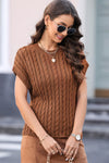 PACK2724323-P2017-2, Chestnut Crew Neck Cable Knit Short Sleeve Sweater