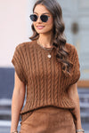 PACK2724323-P2017-2, Chestnut Crew Neck Cable Knit Short Sleeve Sweater