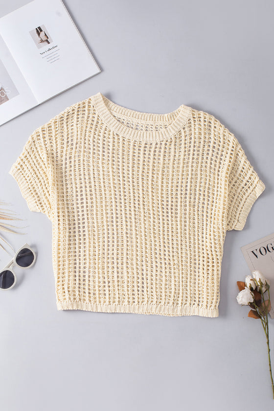 PACK277006-18-2, Apricot Fishnet Knit Ribbed Round Neck Short Sleeve Sweater Tee