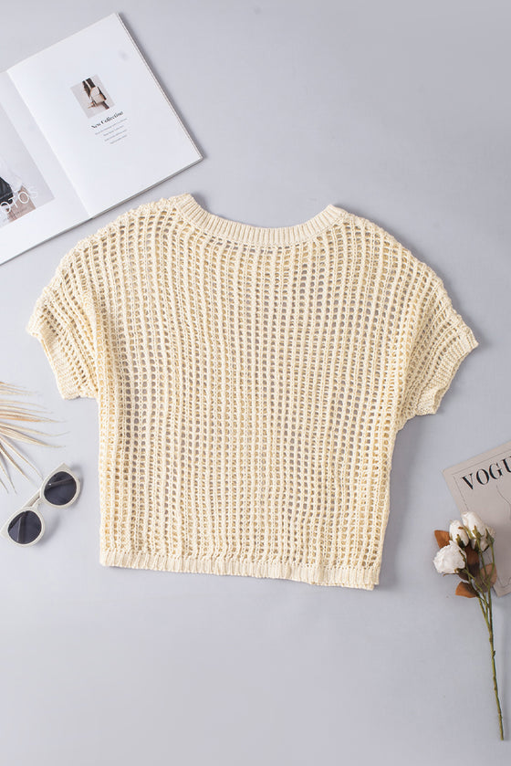 PACK277006-18-2, Apricot Fishnet Knit Ribbed Round Neck Short Sleeve Sweater Tee