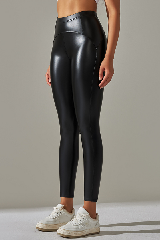 LC265429-P2-S, LC265429-P2-M, LC265429-P2-L, LC265429-P2-XL, Black High Waist Faux Leather Elastic Yoga Leggings