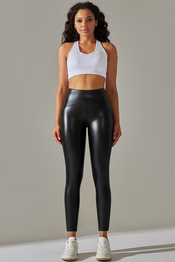 LC265429-P2-S, LC265429-P2-M, LC265429-P2-L, LC265429-P2-XL, Black High Waist Faux Leather Elastic Yoga Leggings