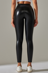 LC265429-P2-S, LC265429-P2-M, LC265429-P2-L, LC265429-P2-XL, Black High Waist Faux Leather Elastic Yoga Leggings