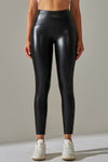 LC265429-P2-S, LC265429-P2-M, LC265429-P2-L, LC265429-P2-XL, Black High Waist Faux Leather Elastic Yoga Leggings
