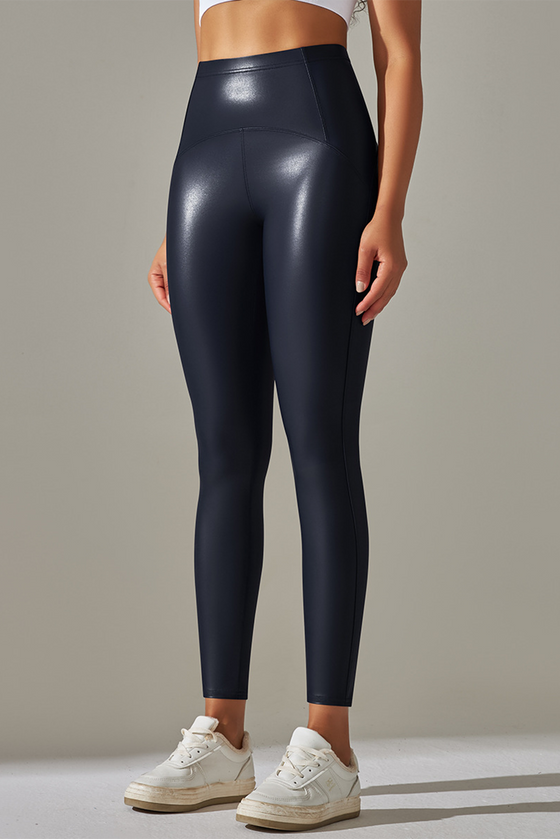 LC265429-P605-S, LC265429-P605-M, LC265429-P605-L, LC265429-P605-XL, Navy Blue High Waist Faux Leather Elastic Yoga Leggings