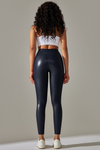 LC265429-P605-S, LC265429-P605-M, LC265429-P605-L, LC265429-P605-XL, Navy Blue High Waist Faux Leather Elastic Yoga Leggings