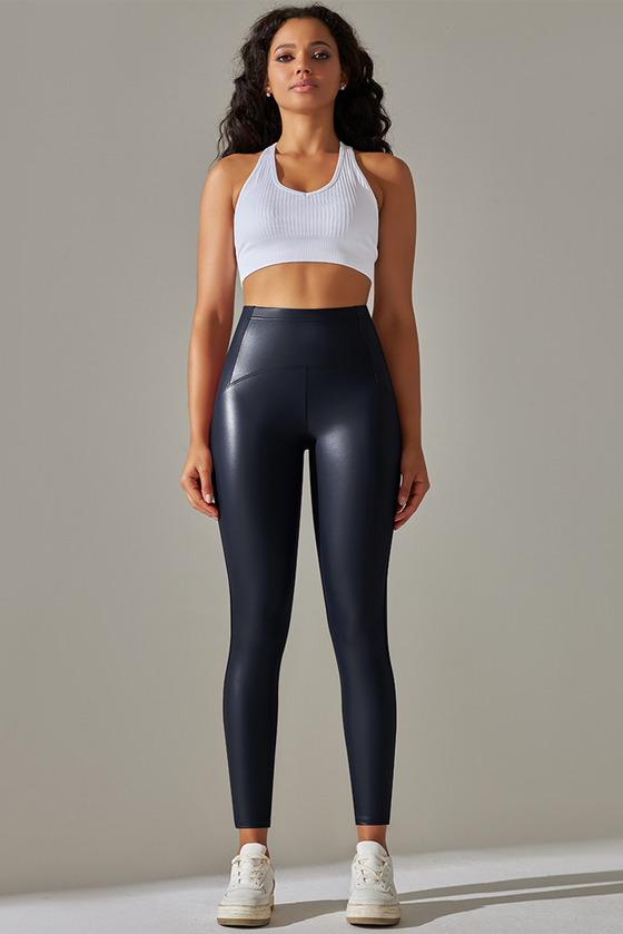 LC265429-P605-S, LC265429-P605-M, LC265429-P605-L, LC265429-P605-XL, Navy Blue High Waist Faux Leather Elastic Yoga Leggings