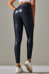 LC265429-P605-S, LC265429-P605-M, LC265429-P605-L, LC265429-P605-XL, Navy Blue High Waist Faux Leather Elastic Yoga Leggings