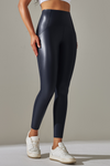 LC265429-P605-S, LC265429-P605-M, LC265429-P605-L, LC265429-P605-XL, Navy Blue High Waist Faux Leather Elastic Yoga Leggings