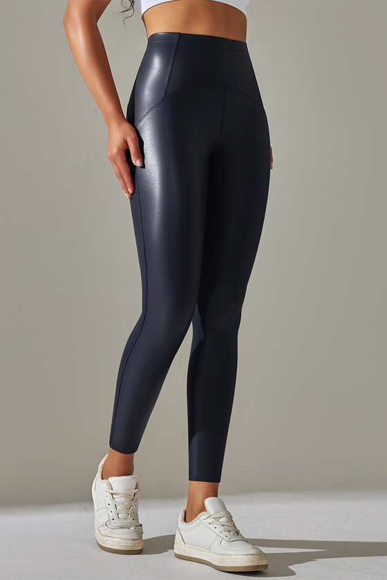 LC265429-P605-S, LC265429-P605-M, LC265429-P605-L, LC265429-P605-XL, Navy Blue High Waist Faux Leather Elastic Yoga Leggings