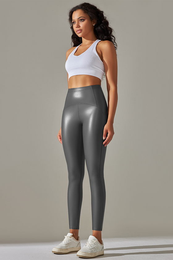 LC265429-P3011-S, LC265429-P3011-M, LC265429-P3011-L, LC265429-P3011-XL, Medium Grey High Waist Faux Leather Elastic Yoga Leggings