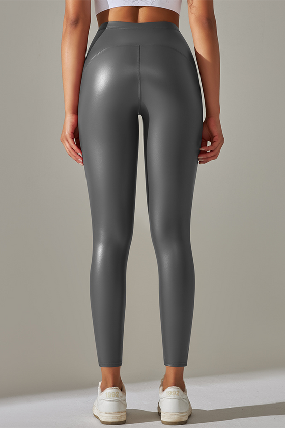 LC265429-P3011-S, LC265429-P3011-M, LC265429-P3011-L, LC265429-P3011-XL, Medium Grey High Waist Faux Leather Elastic Yoga Leggings