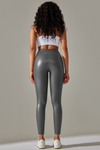 LC265429-P3011-S, LC265429-P3011-M, LC265429-P3011-L, LC265429-P3011-XL, Medium Grey High Waist Faux Leather Elastic Yoga Leggings