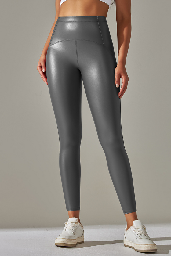 LC265429-P3011-S, LC265429-P3011-M, LC265429-P3011-L, LC265429-P3011-XL, Medium Grey High Waist Faux Leather Elastic Yoga Leggings
