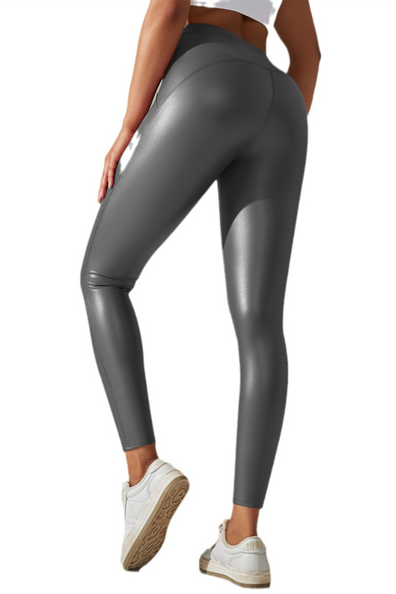 LC265429-P3011-S, LC265429-P3011-M, LC265429-P3011-L, LC265429-P3011-XL, Medium Grey High Waist Faux Leather Elastic Yoga Leggings