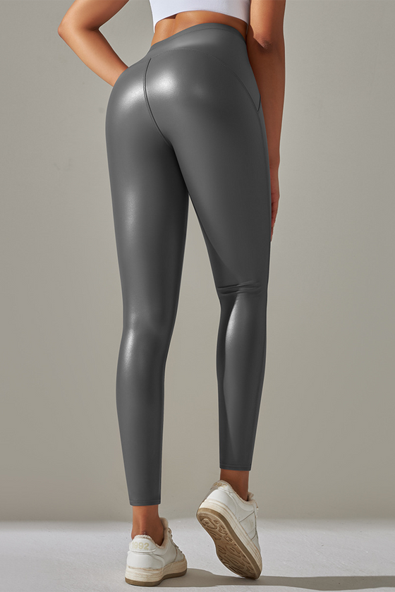 LC265429-P3011-S, LC265429-P3011-M, LC265429-P3011-L, LC265429-P3011-XL, Medium Grey High Waist Faux Leather Elastic Yoga Leggings