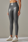 LC265429-P3011-S, LC265429-P3011-M, LC265429-P3011-L, LC265429-P3011-XL, Medium Grey High Waist Faux Leather Elastic Yoga Leggings