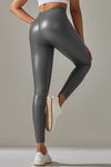 LC265429-P3011-S, LC265429-P3011-M, LC265429-P3011-L, LC265429-P3011-XL, Medium Grey High Waist Faux Leather Elastic Yoga Leggings