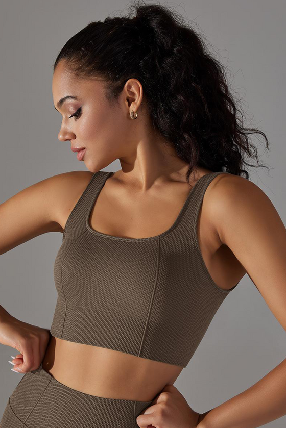 LC264623-P5017-S, LC264623-P5017-M, LC264623-P5017-L, Dark Brown Wide Strap Low Back Cut Cropped Active Bra