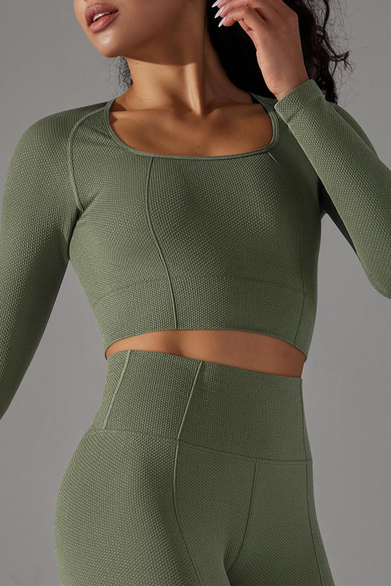 LC264624-P1609-S, LC264624-P1609-M, LC264624-P1609-L, Moss Green Cropped Yoga Long-sleeved Top