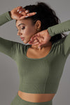 LC264624-P1609-S, LC264624-P1609-M, LC264624-P1609-L, Moss Green Cropped Yoga Long-sleeved Top