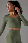 LC264624-P1609-S, LC264624-P1609-M, LC264624-P1609-L, Moss Green Cropped Yoga Long-sleeved Top
