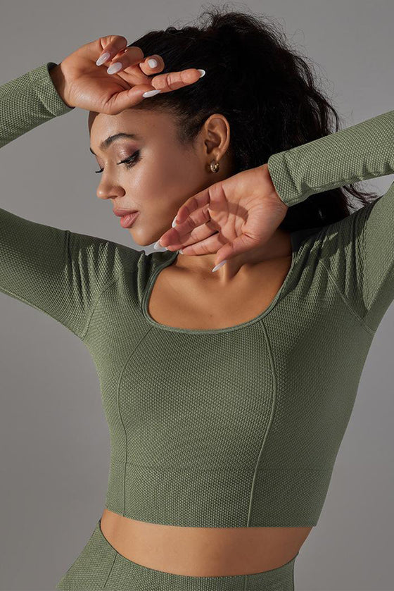 LC264624-P1609-S, LC264624-P1609-M, LC264624-P1609-L, Moss Green Cropped Yoga Long-sleeved Top