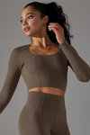 LC264624-P5017-S, LC264624-P5017-M, LC264624-P5017-L, Dark Brown Cropped Yoga Long-sleeved Top