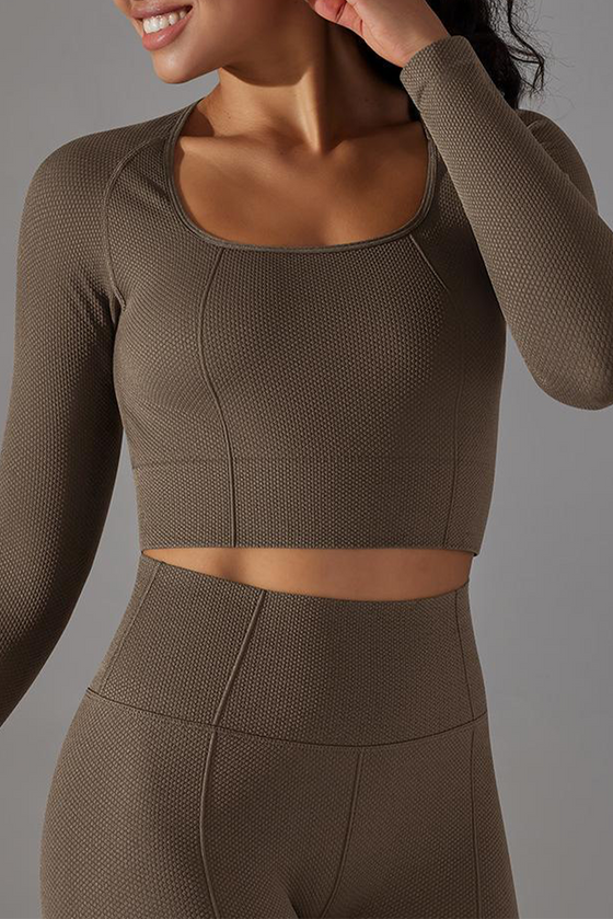 LC264624-P5017-S, LC264624-P5017-M, LC264624-P5017-L, Dark Brown Cropped Yoga Long-sleeved Top