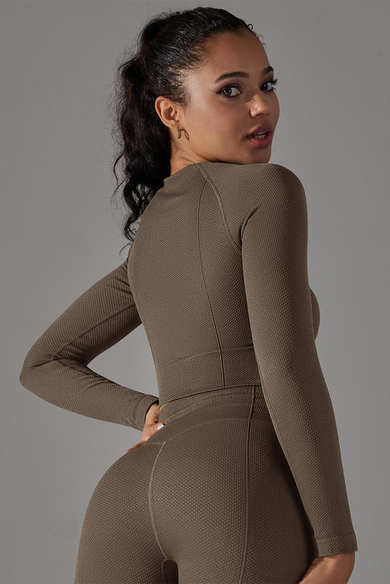 LC264624-P5017-S, LC264624-P5017-M, LC264624-P5017-L, Dark Brown Cropped Yoga Long-sleeved Top