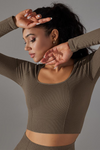 LC264624-P5017-S, LC264624-P5017-M, LC264624-P5017-L, Dark Brown Cropped Yoga Long-sleeved Top