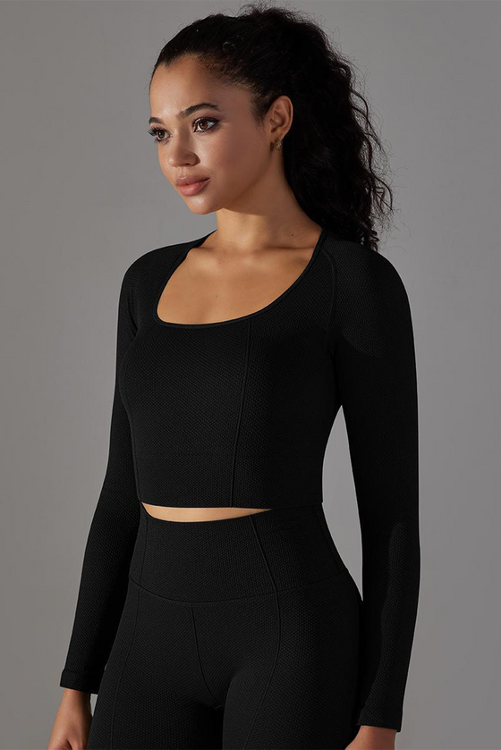 LC264624-P2-S, LC264624-P2-M, LC264624-P2-L, Black Cropped Yoga Long-sleeved Top