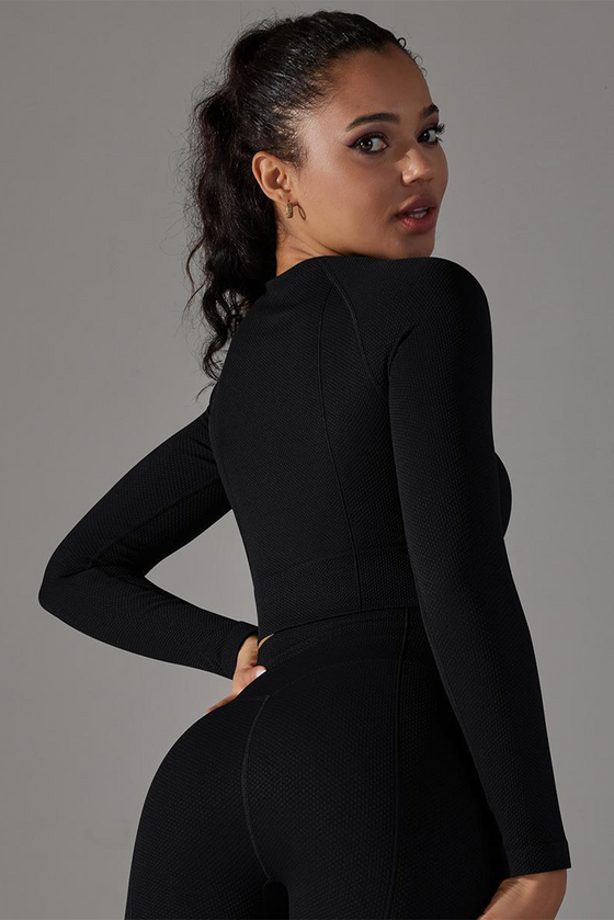 LC264624-P2-S, LC264624-P2-M, LC264624-P2-L, Black Cropped Yoga Long-sleeved Top