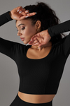 LC264624-P2-S, LC264624-P2-M, LC264624-P2-L, Black Cropped Yoga Long-sleeved Top