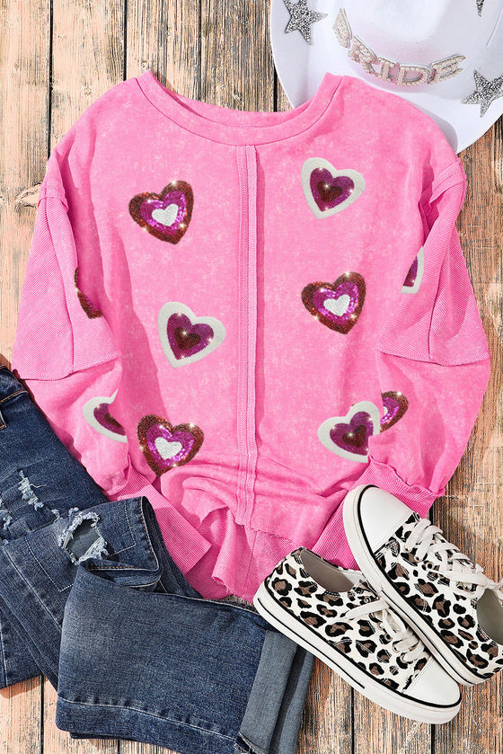 PACK25317060-6-1, Rose Sequin Heart Shaped Exposed Seam Pullover Sweatshirt