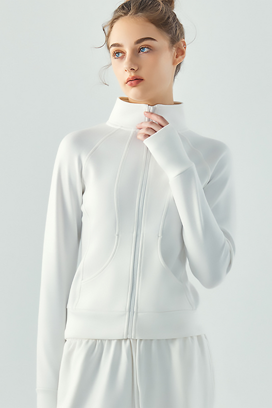 LC264627-P1-S, LC264627-P1-M, LC264627-P1-L, LC264627-P1-XL, White Active Solid Zipper Yoga Coat