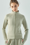LC264627-P1209-S, LC264627-P1209-M, LC264627-P1209-L, LC264627-P1209-XL, Laurel Green Active Solid Zipper Yoga Coat