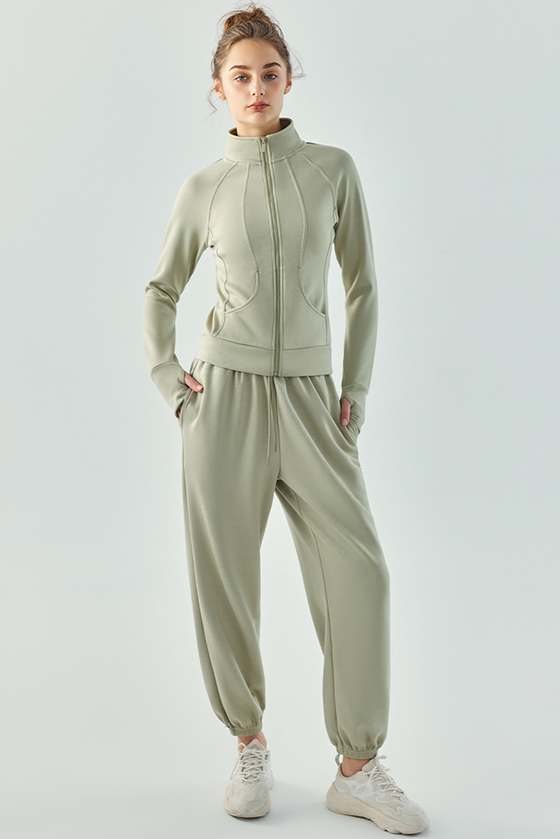 LC264627-P1209-S, LC264627-P1209-M, LC264627-P1209-L, LC264627-P1209-XL, Laurel Green Active Solid Zipper Yoga Coat