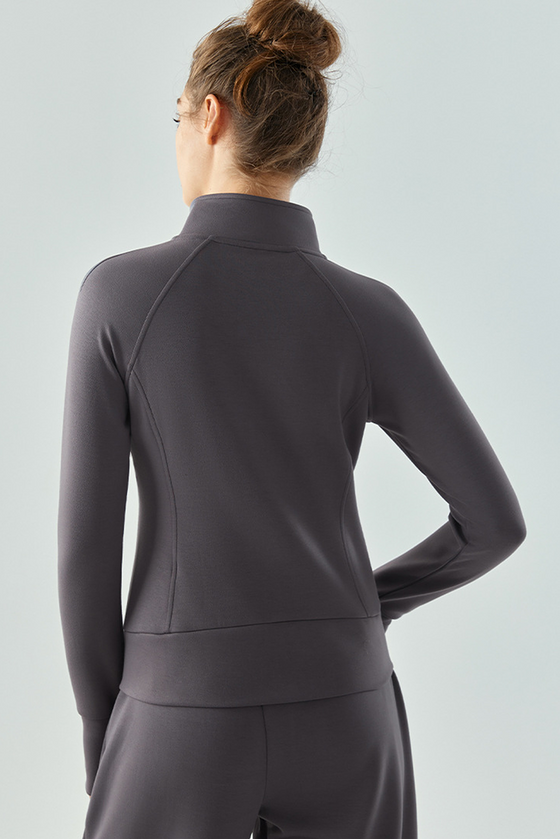 LC264627-P2011-S, LC264627-P2011-M, LC264627-P2011-L, LC264627-P2011-XL, Dark Grey Active Solid Zipper Yoga Coat