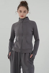 LC264627-P2011-S, LC264627-P2011-M, LC264627-P2011-L, LC264627-P2011-XL, Dark Grey Active Solid Zipper Yoga Coat